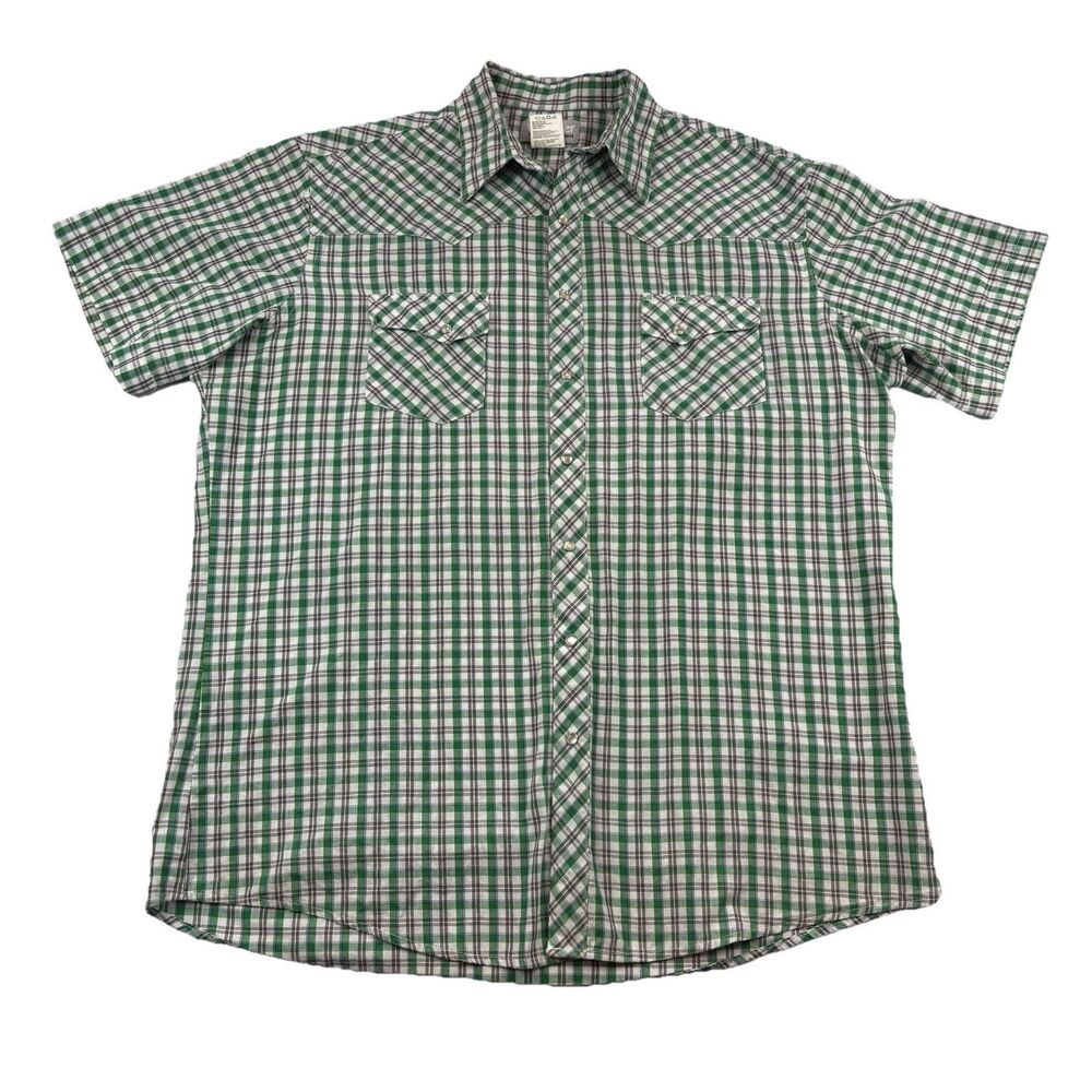 Vintage Western Pearl Snap Shirt Wrangler Mens XLT Green Plaid Short Sleeve